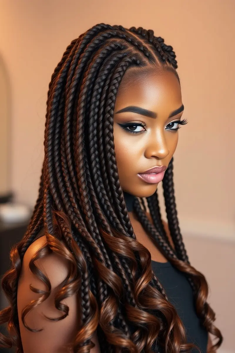 Box Braids with Added Curls or Waves