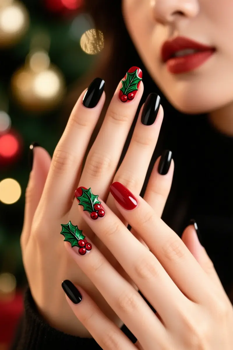 12. Black with Festive Holly or Poinsettia Art
