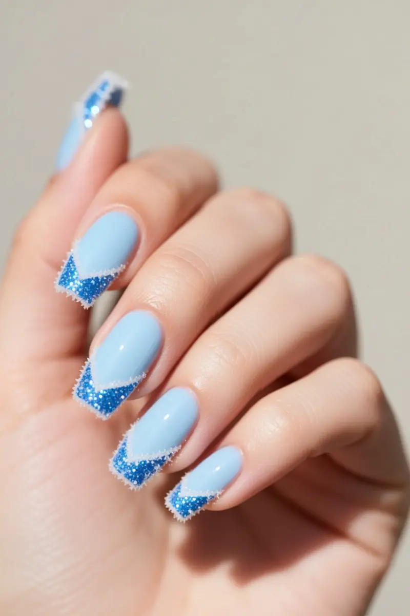 2. Frosted French Tips with Blue Accents