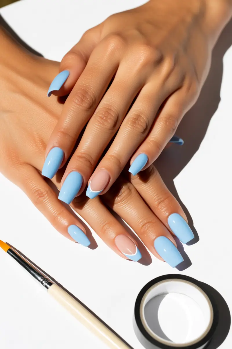 2. Soft Baby Blue French Tips