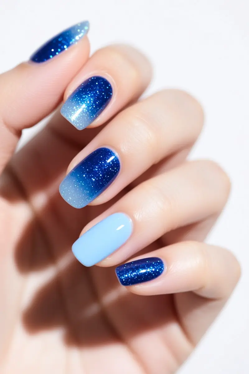 6. Glitter Gradient Blue Nails