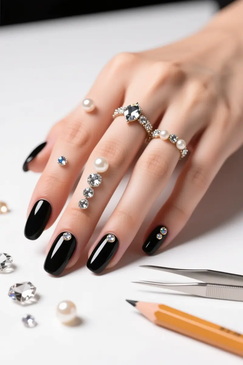 8. Dazzling Jeweled Black Nails