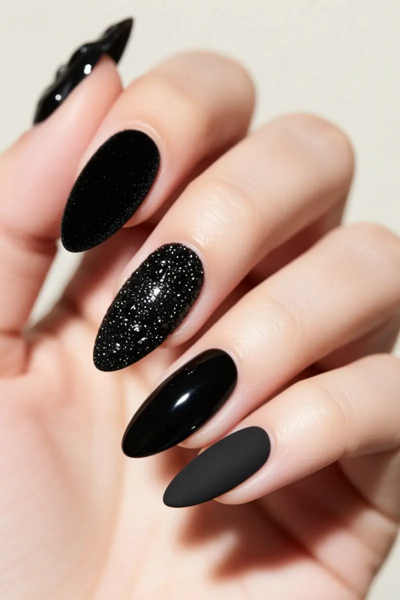 9. Any Shape/Length: Textured Black (Velvet, Glitter, Matte-Gloss Combo)