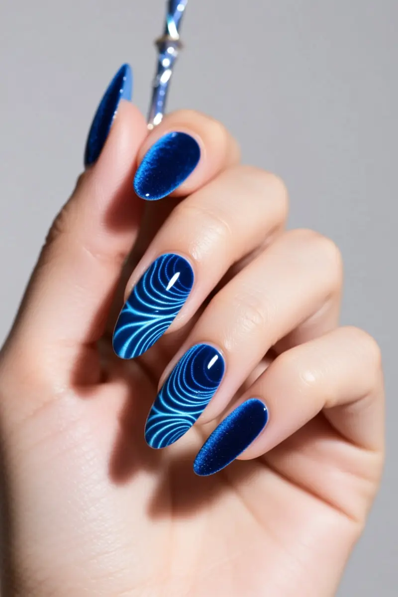 1. Deep Ice-Blue Velvet Nails