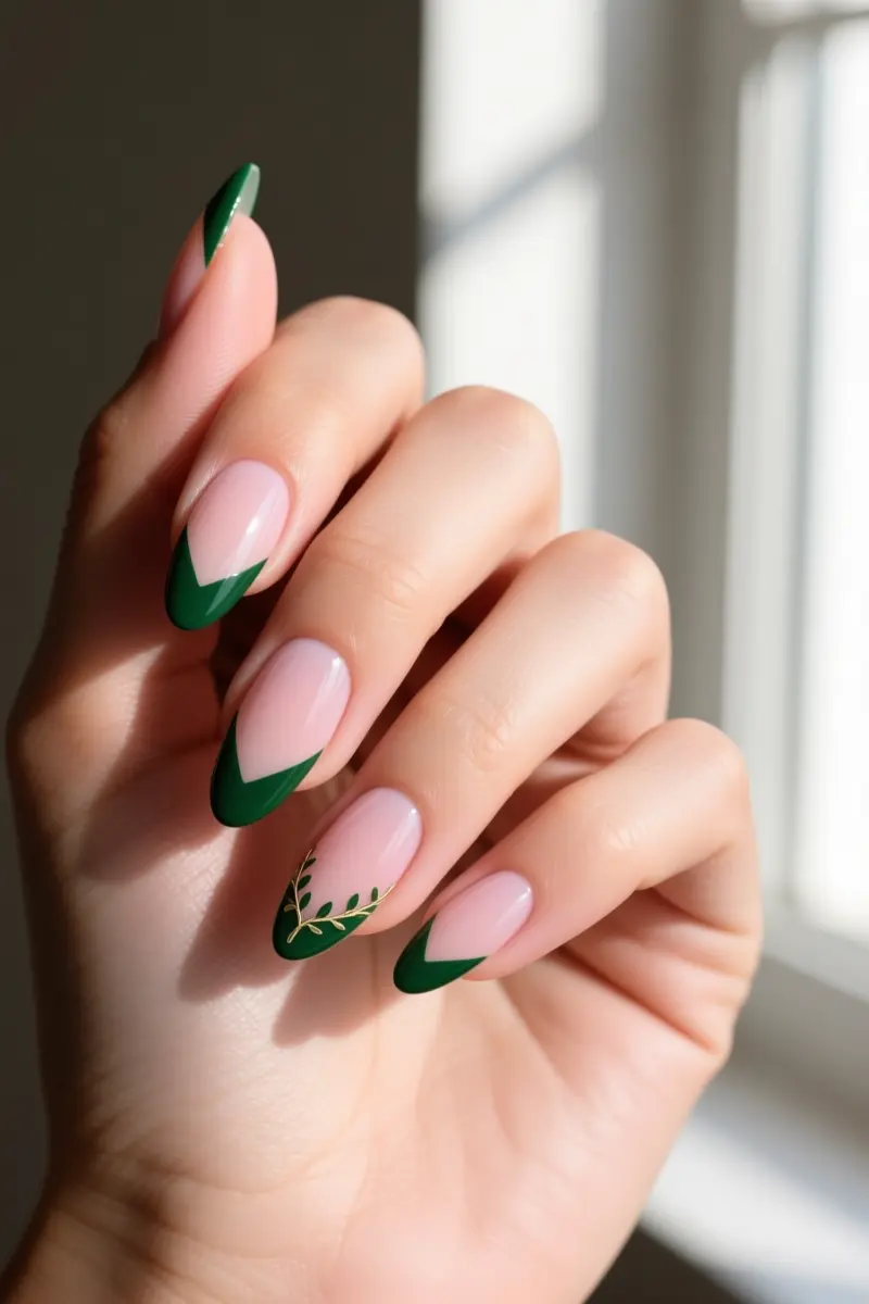 10. Holiday French Manicure with Greenery Tips