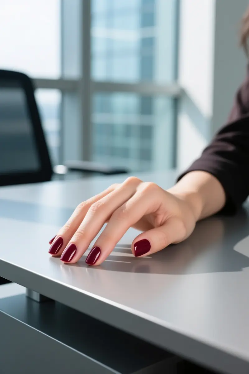 4. Rich Burgundy on Short Active Nails
