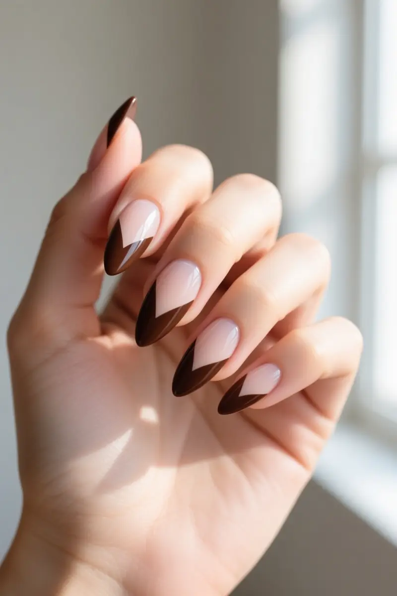 6. Deep V-Cut French Tips in Chocolate Brown