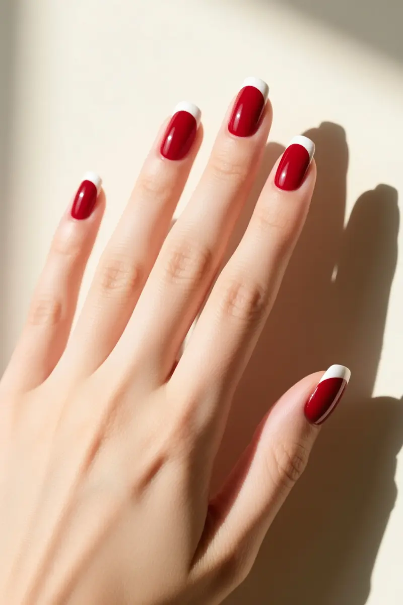 6. Matte Cherry with Glossy French Tips