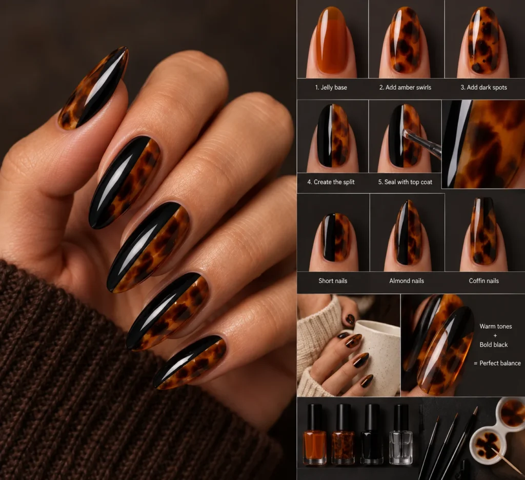 Tortoiseshell & Solid Black Split Nail