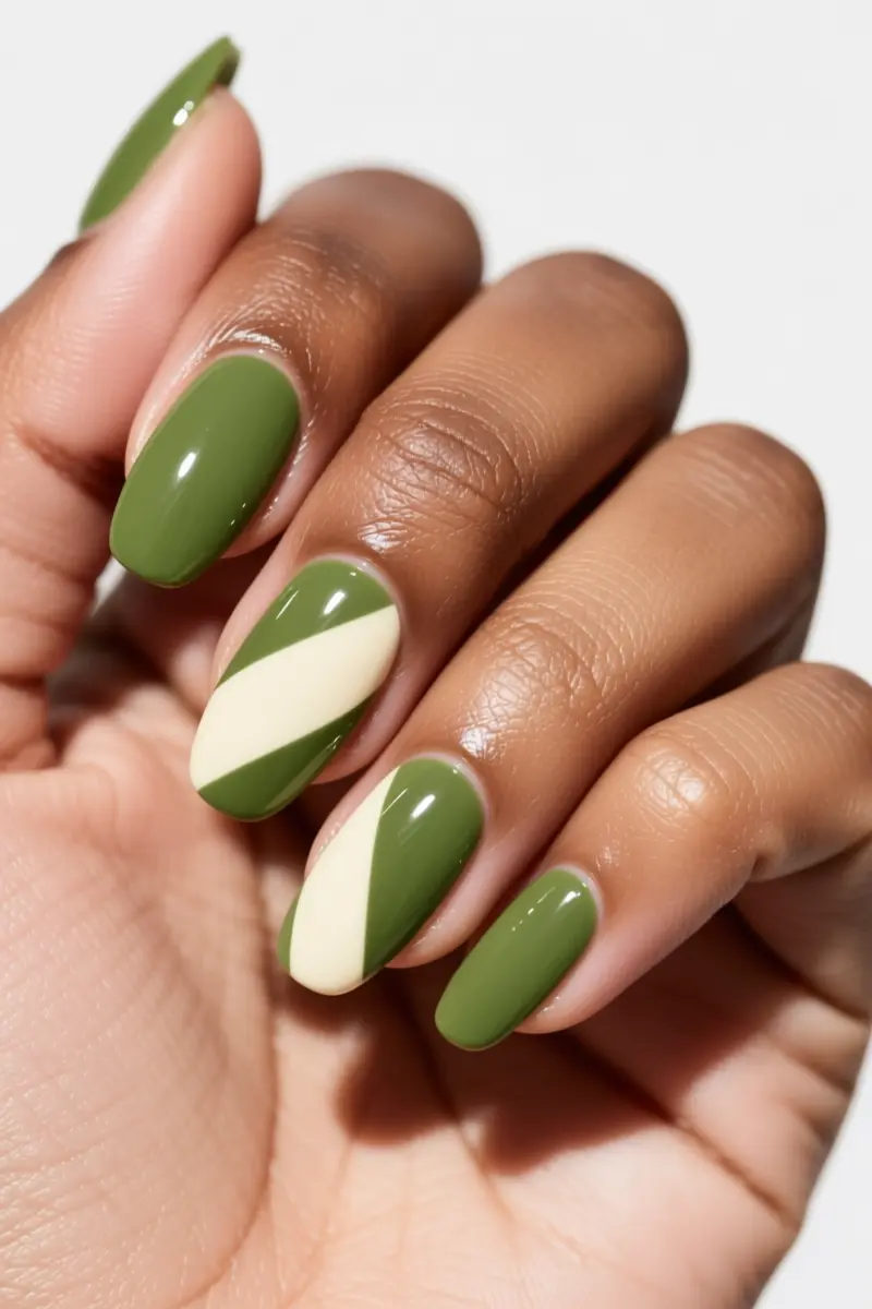9. Olive Green & Cream Blocked Nails