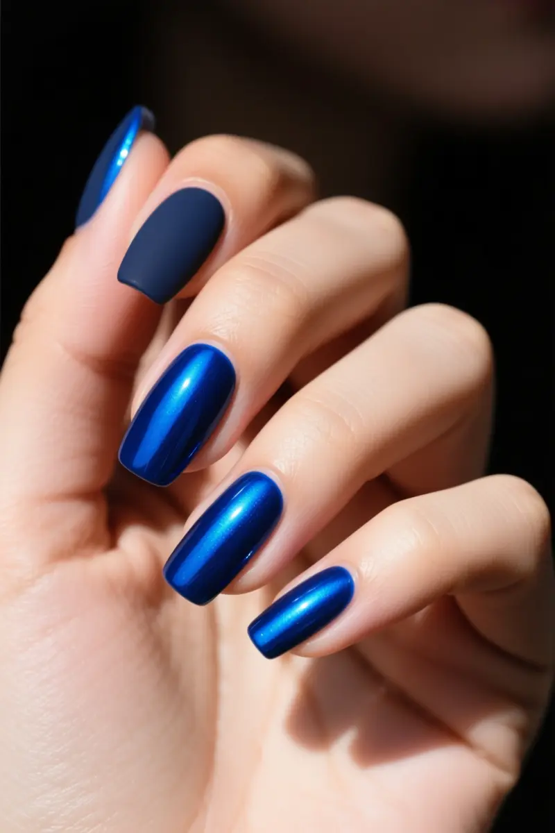 9. Royal Blue Chrome Accents on Matte Nails
