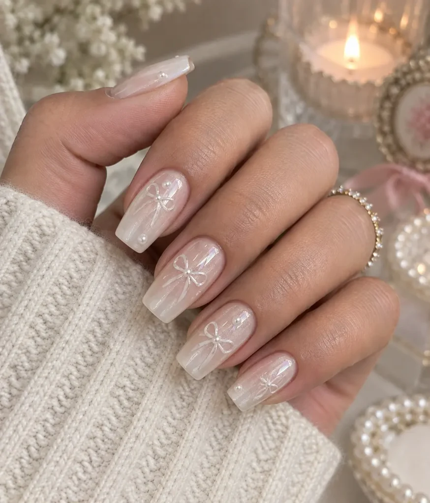 Coquette Style Bows on a Frosted Pearl Base Nails
