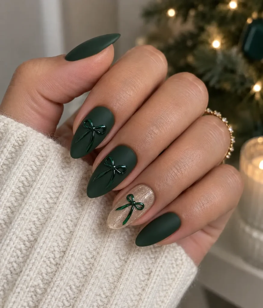 Deep Emerald and Forest Green Velvet Ribbons Nails