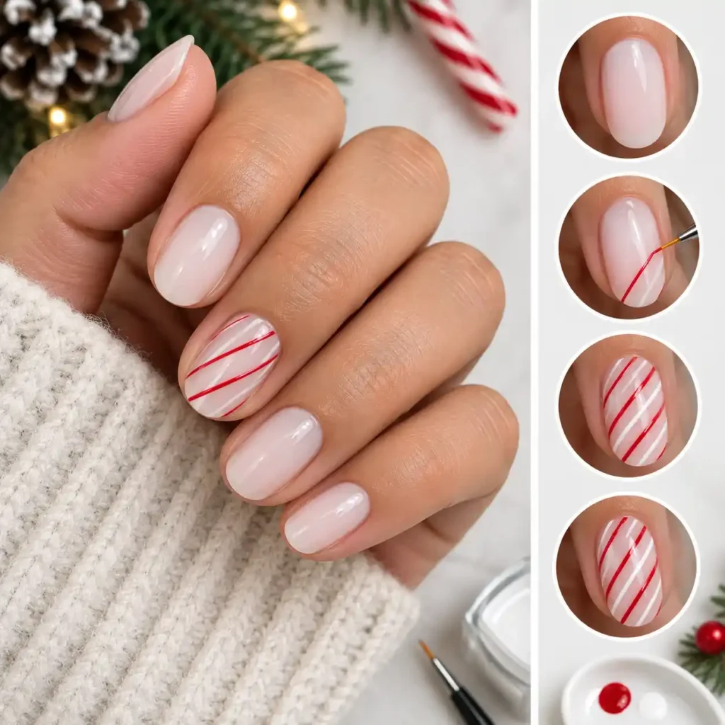 Fine-Line Candy Cane Accent Nails