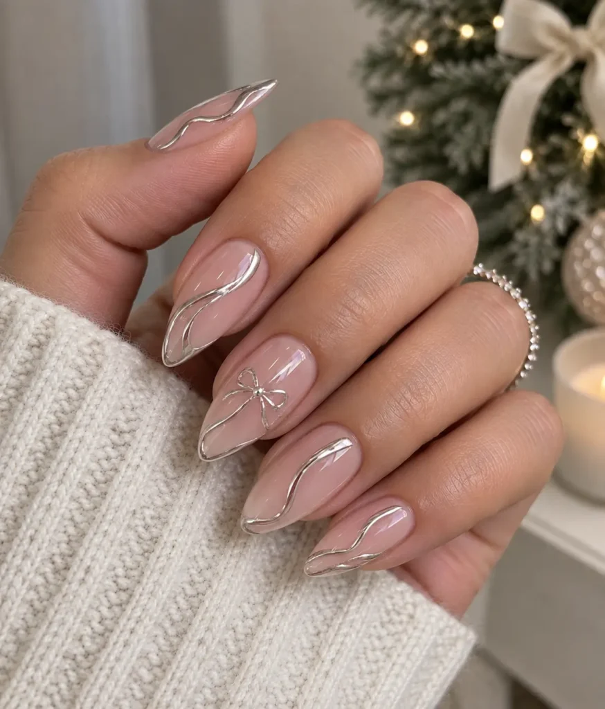 Liquid Chrome Ribbon Trails Nails