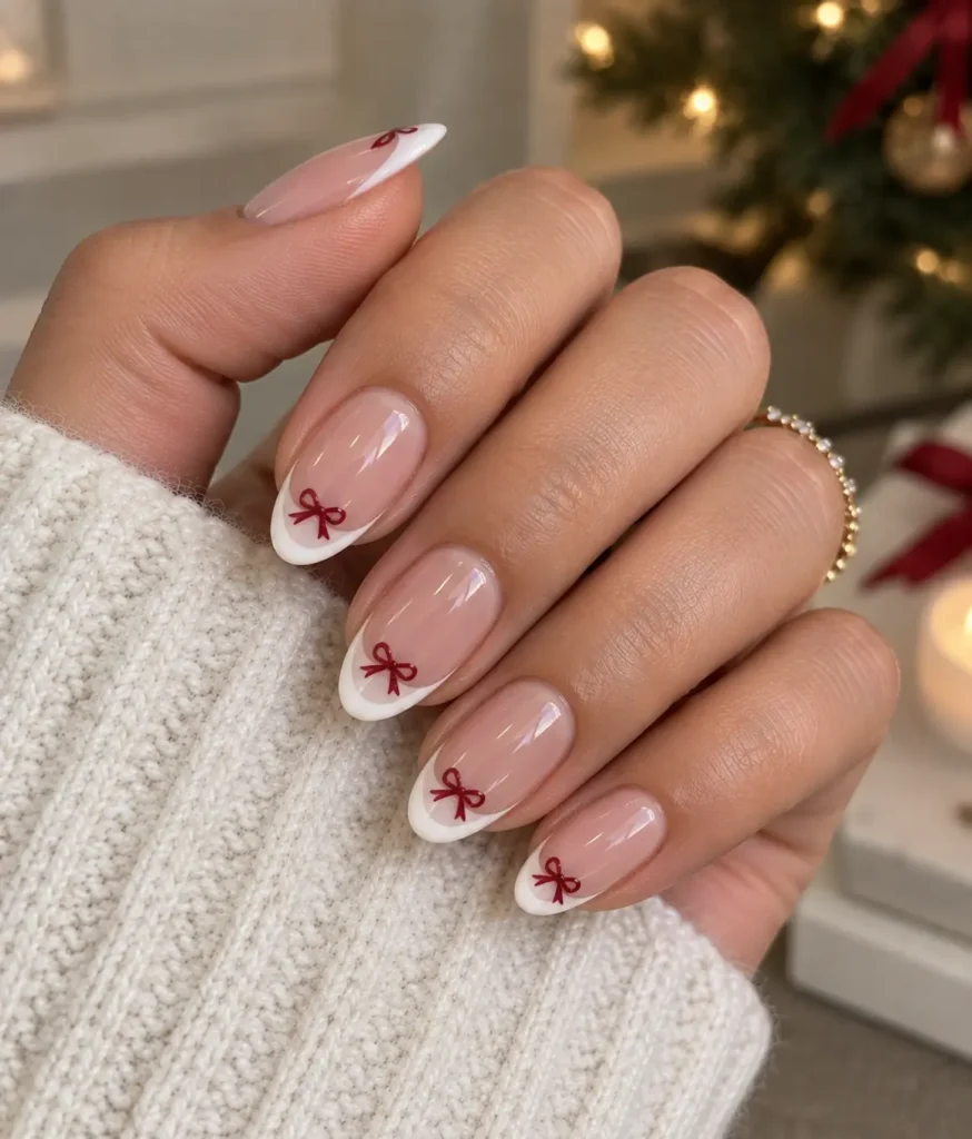 Negative Space French Tips with Crimson Bow Accents Nails