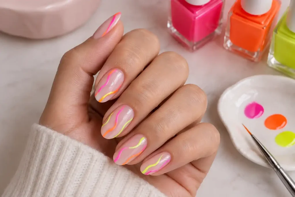 Neon Wave Nail Art Close-Up