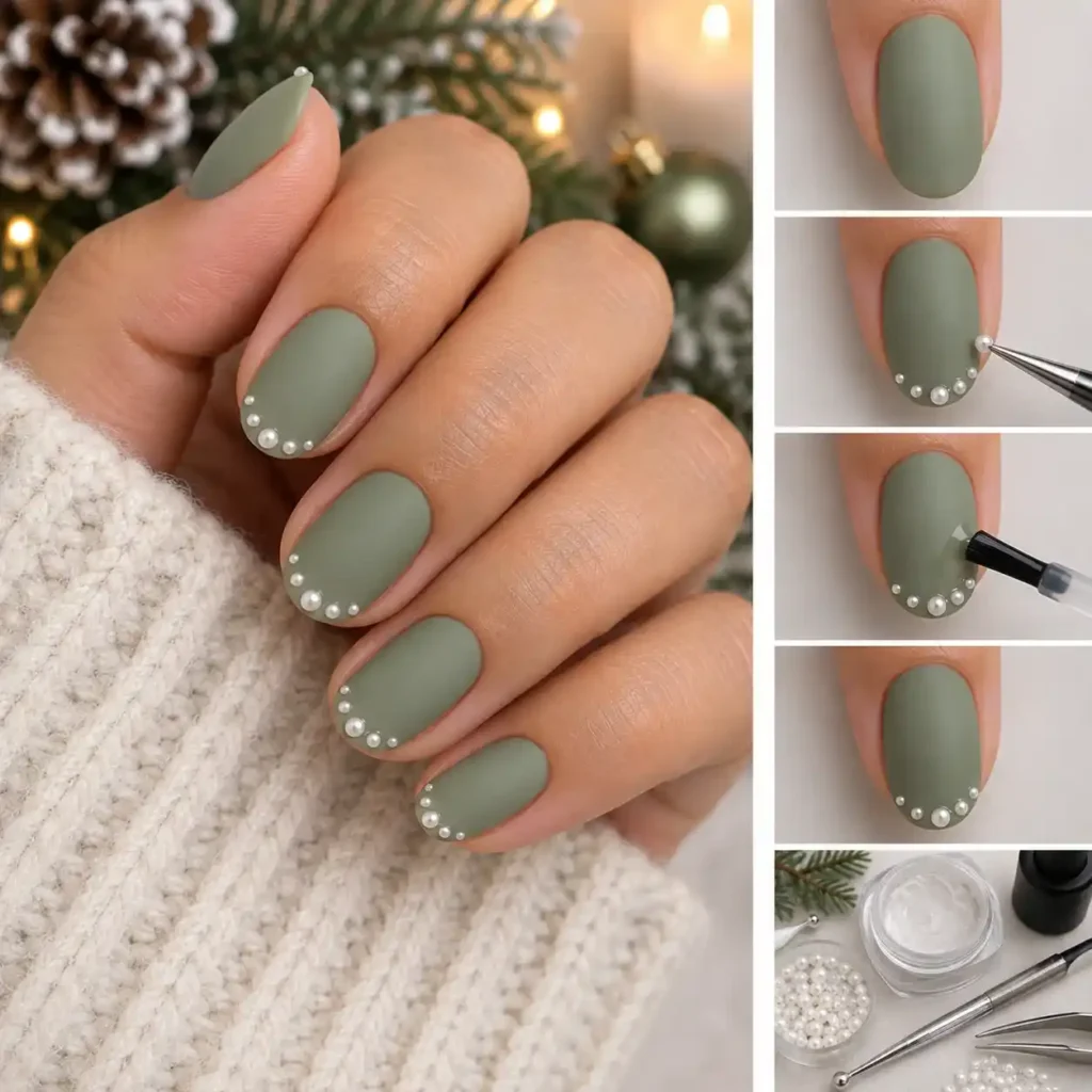 Sage green and Subtle Pearl Decal Nail