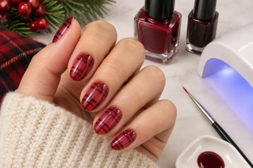 Sheer Cranberry Jelly Plaid Nail