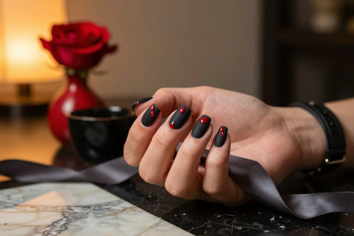1. Matte Black Bases with High-Gloss Liquid 'Blood' Drops