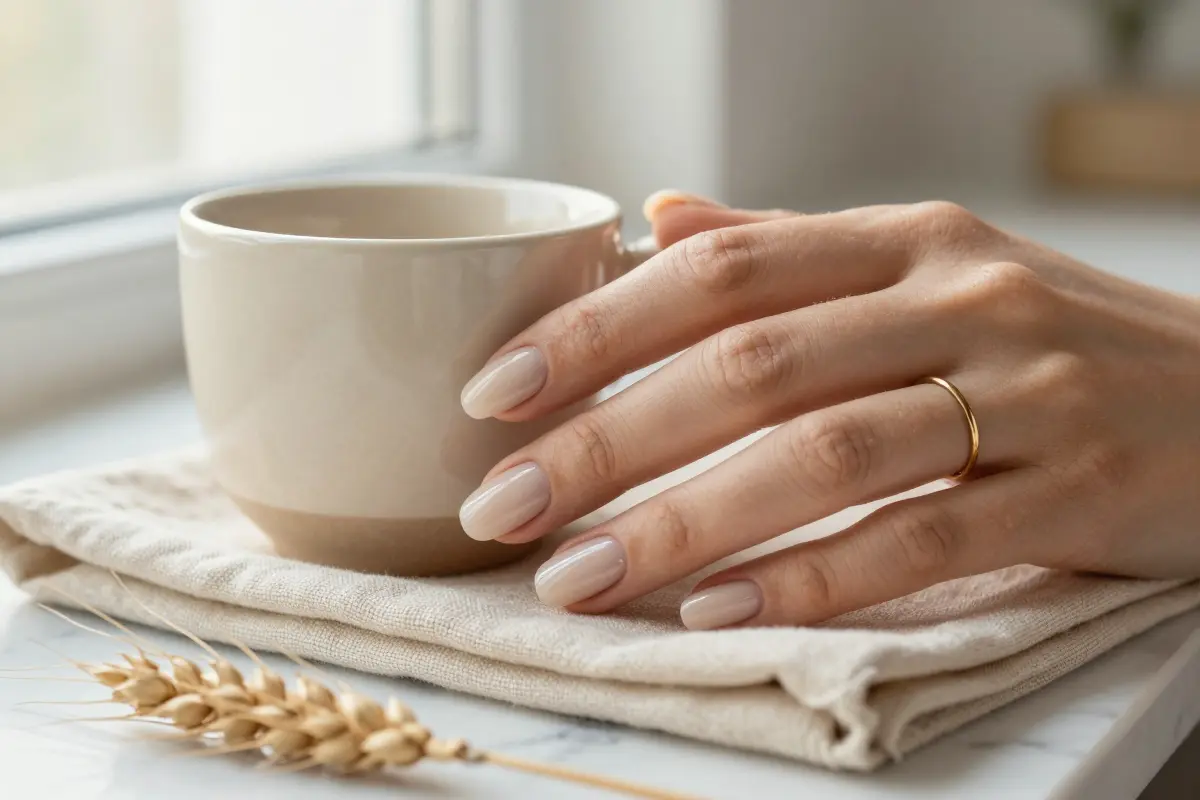Oat milk sheer manicure in a soft translucent beige-cream