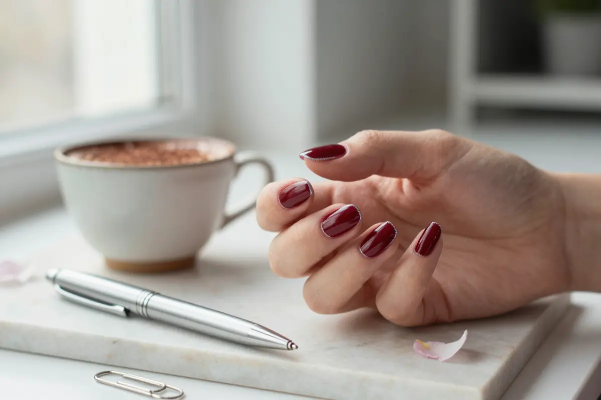 10. Dark Cherry Micro-French with Silver Line