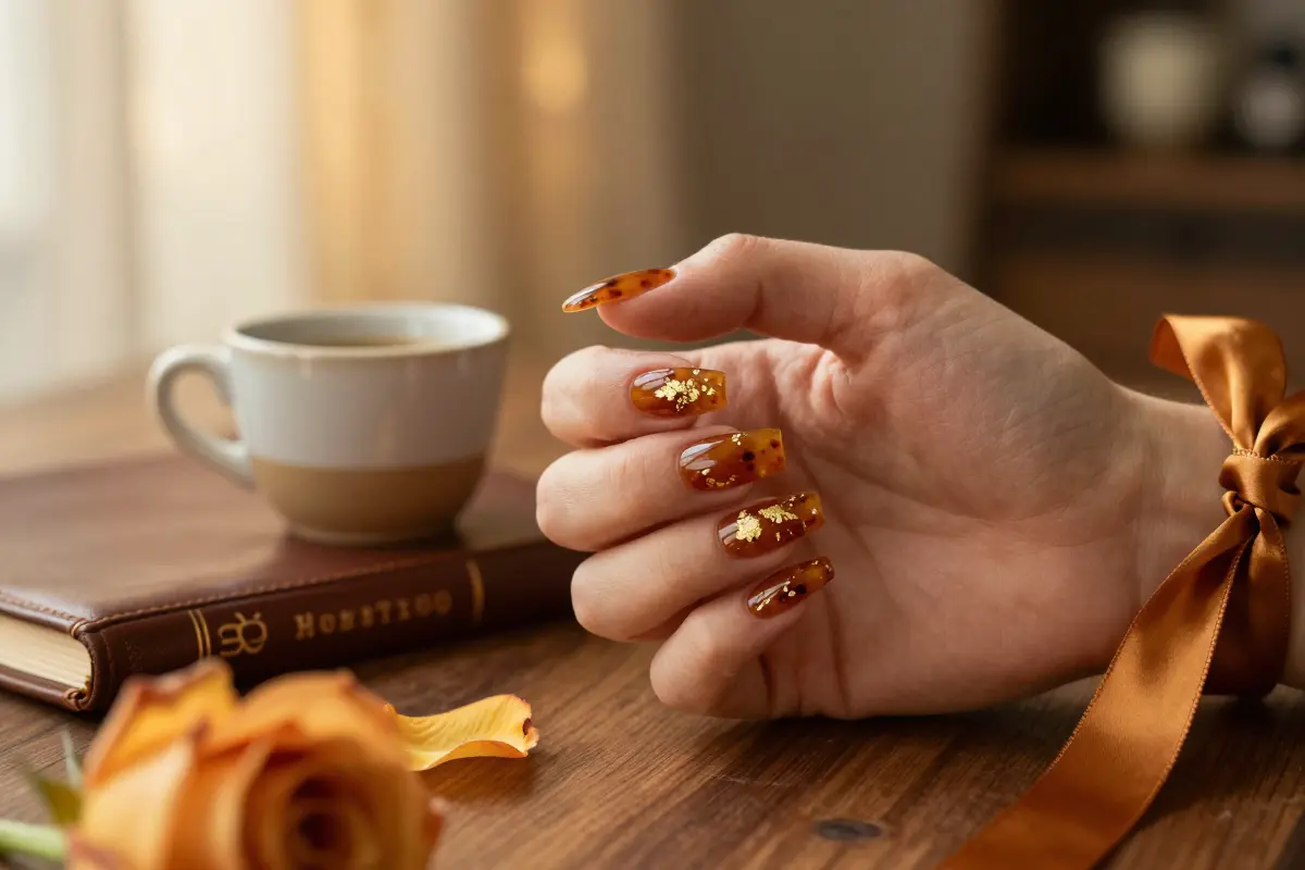 10. Glossy Tortoiseshell Accent Nails with Gold Leaf Flecks