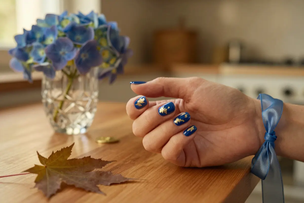 10. Indigo Jelly Nails with Encapsulated Gold Leaf