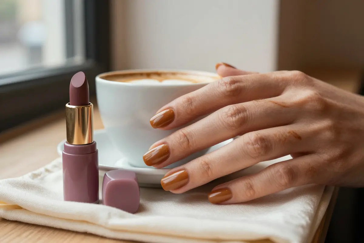 Salted caramel cream nails in a warm caramel nude with an amber undertone
