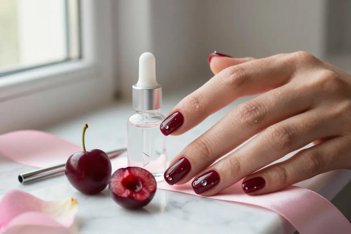 11. 3D Dewdrop Accents on Deep Cherry Gel