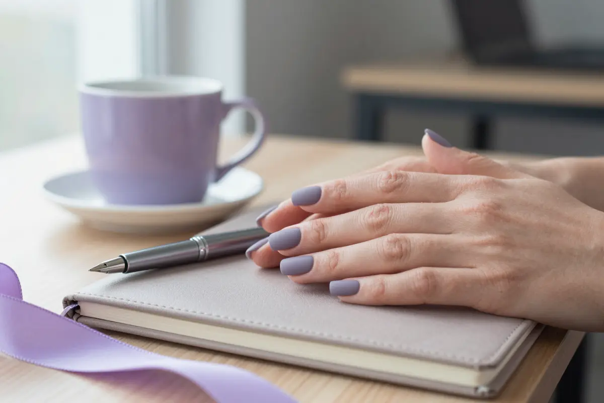Smoked lavender taupe nails in a muted purple-tinted gray