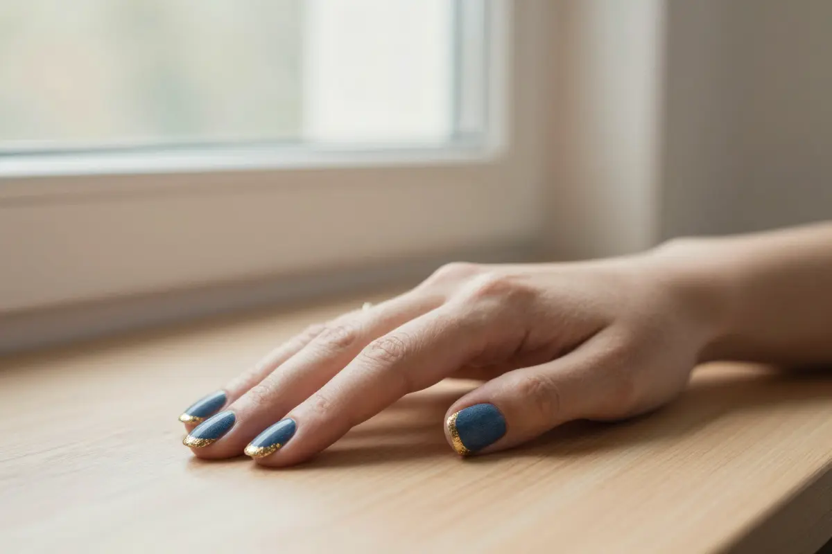12. Denim Blue Tips with Delicate Gold Leaf Borders
