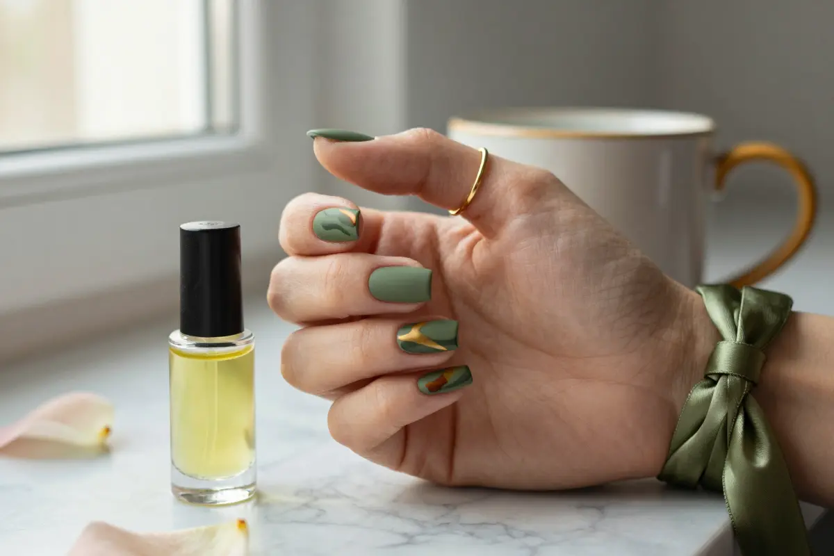 12. Olive Green with Matte Abstract Swooshes