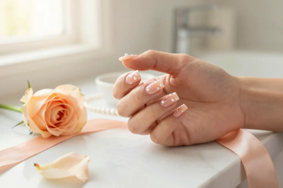 12. Pearl Embellished Jelly Nails in Soft Peach