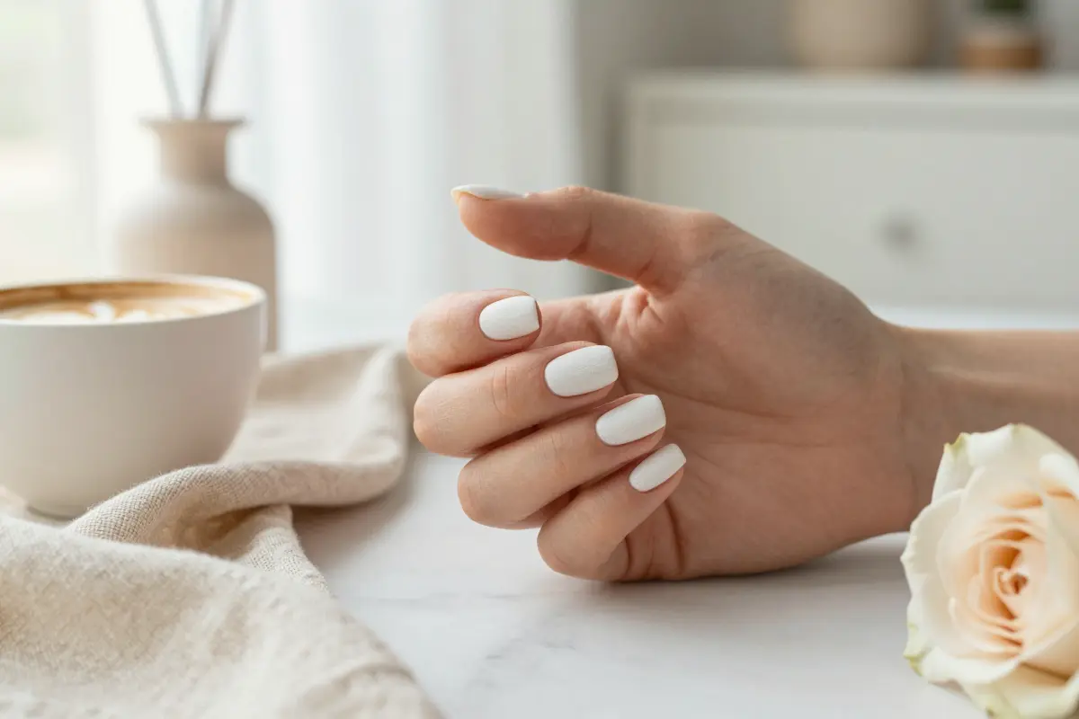 Raw linen white nails in a soft off-white bone cream