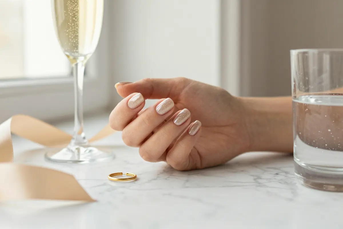 13. Champagne Shimmer Micro-Glitter with Clean Cuticle Lines