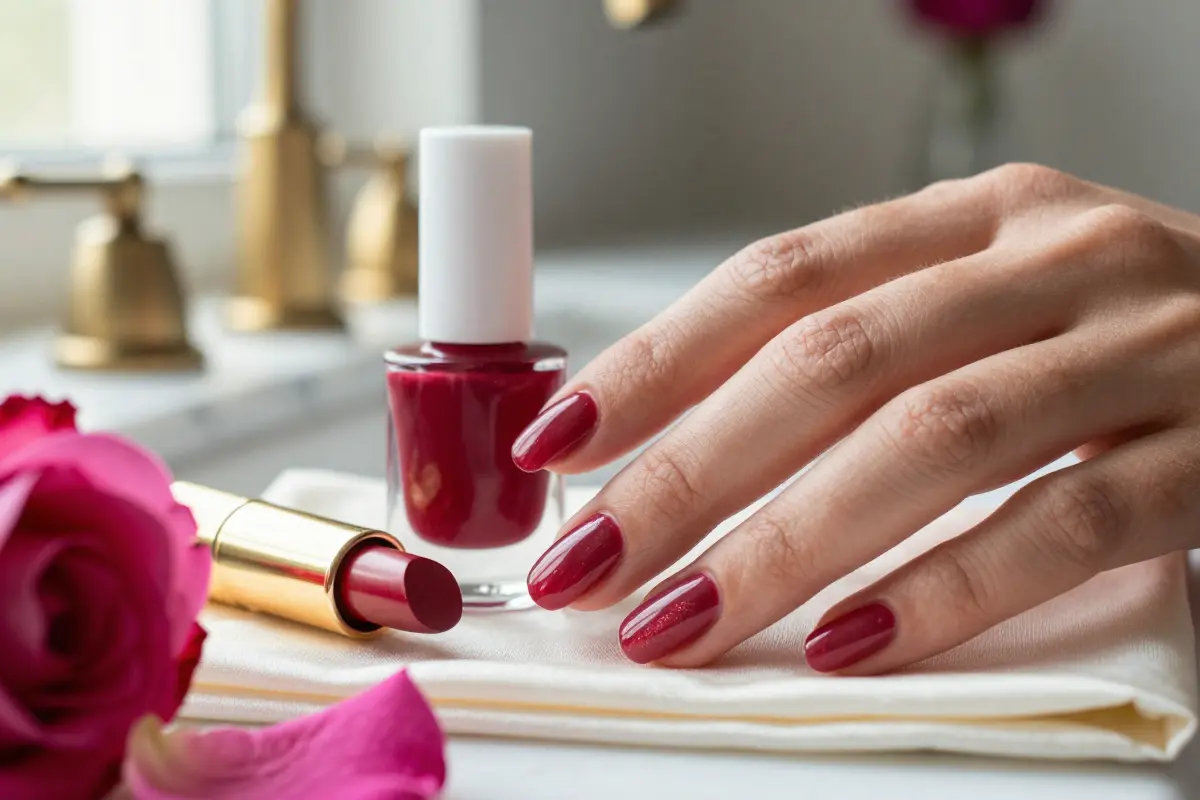 Vintage ruby syrup nails in a translucent cherry-red gel