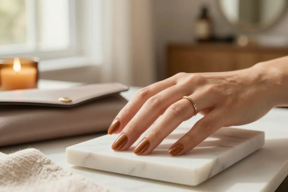Burnished pecan tan nails in a rich wood-toned brown cream
