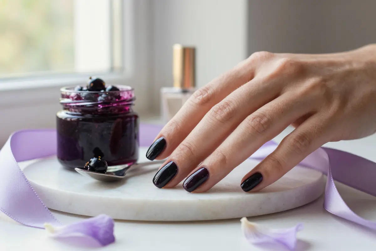 Blackcurrant jelly glaze nails with a deep berry translucent finish