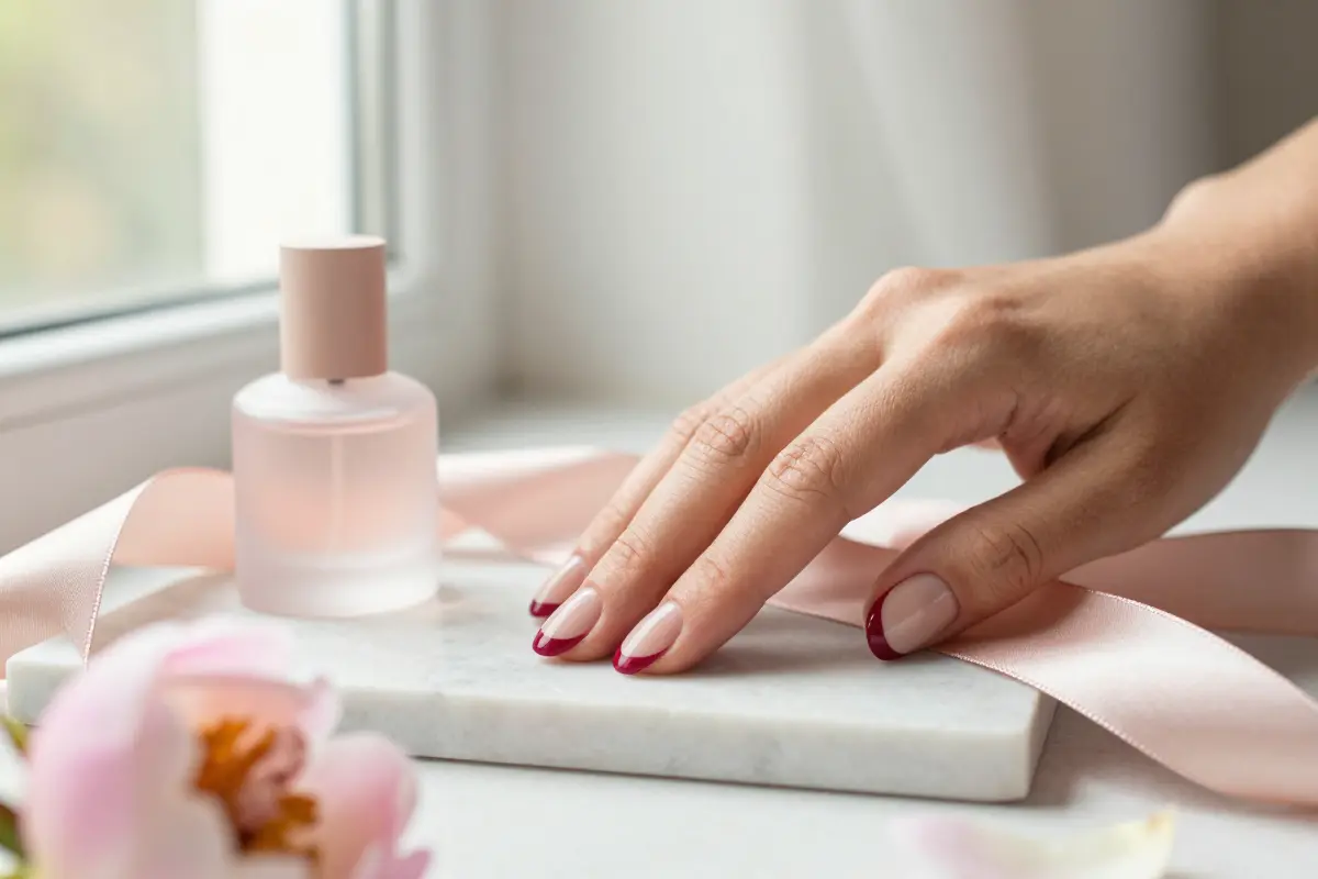 2. Dark Cherry French Tips on a Nude Base