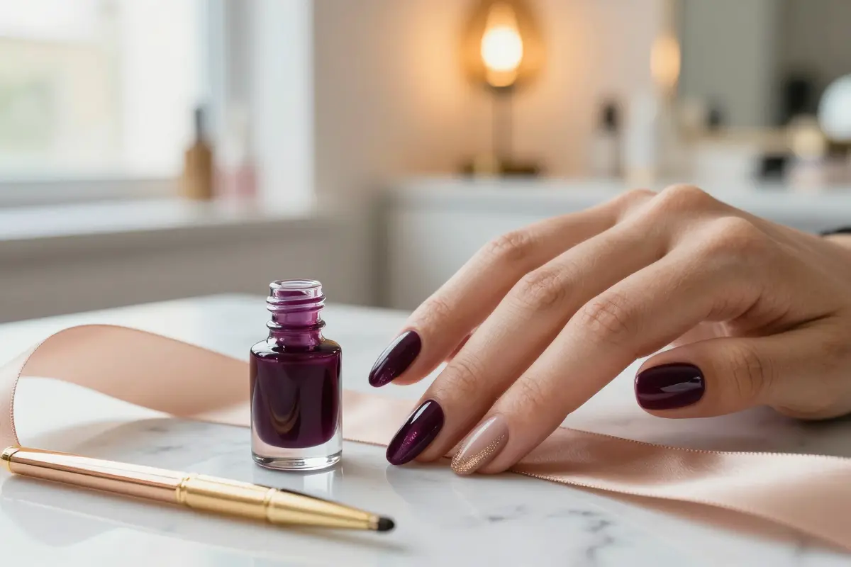 2. Dark Plum Velvet Cat Eye on Almond Extensions