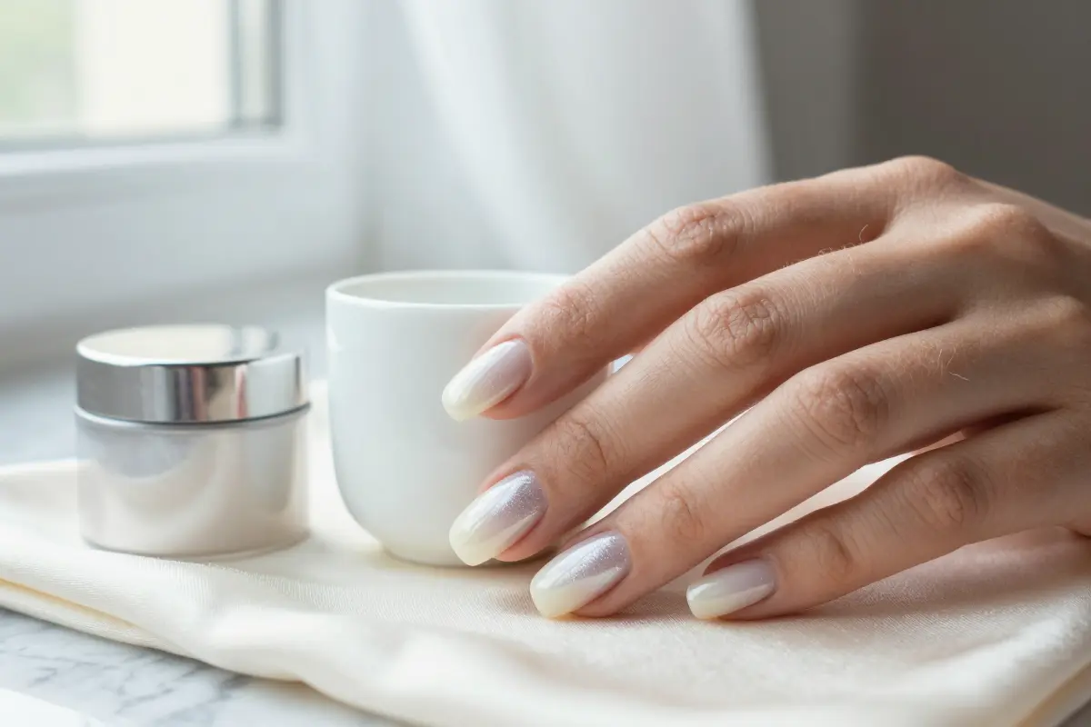 2. Glazed Soft Milk on Medium Almond Nails