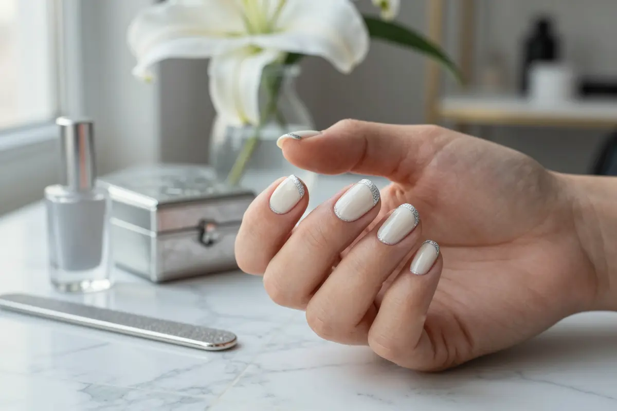 3. Classic French Manicure with Silver Micro-Glitter Tips