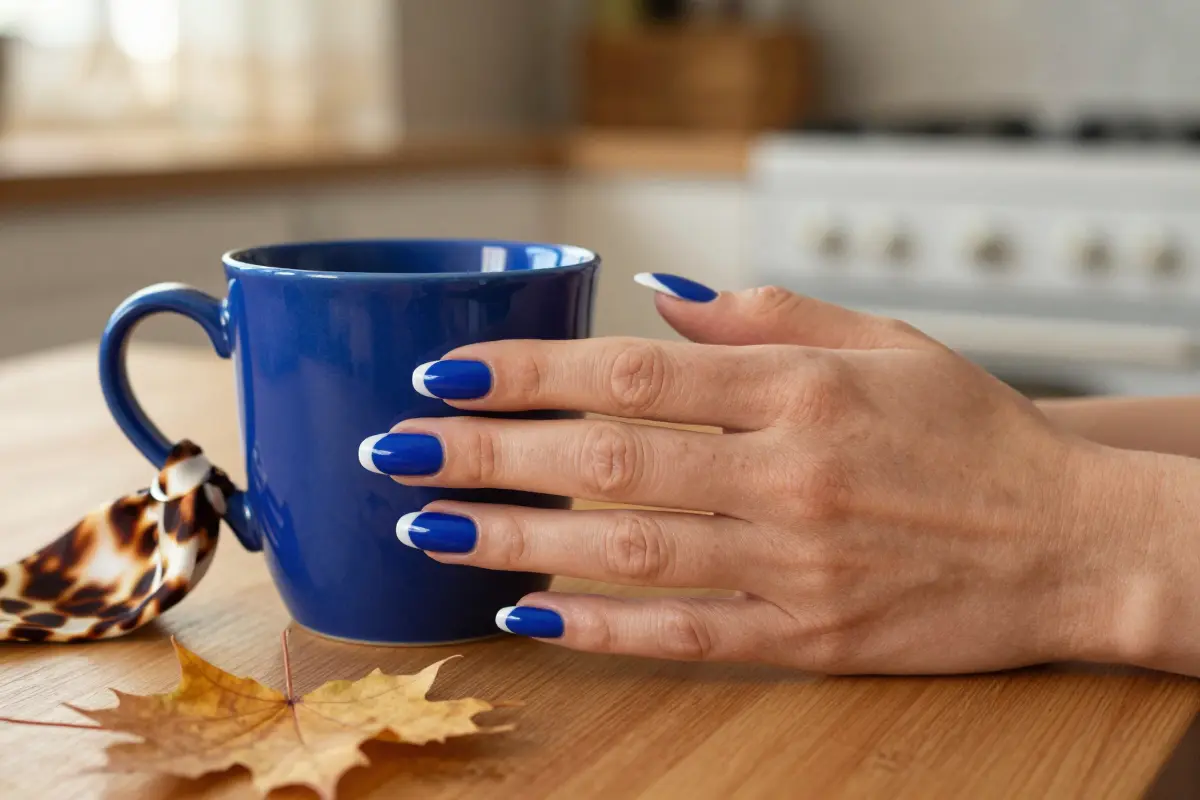 3. Cobalt Blue French Tips with Tortoiseshell Accents