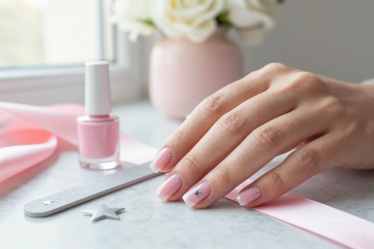 4. Blush Pink Aura Nails with Delicate Silver Star Details