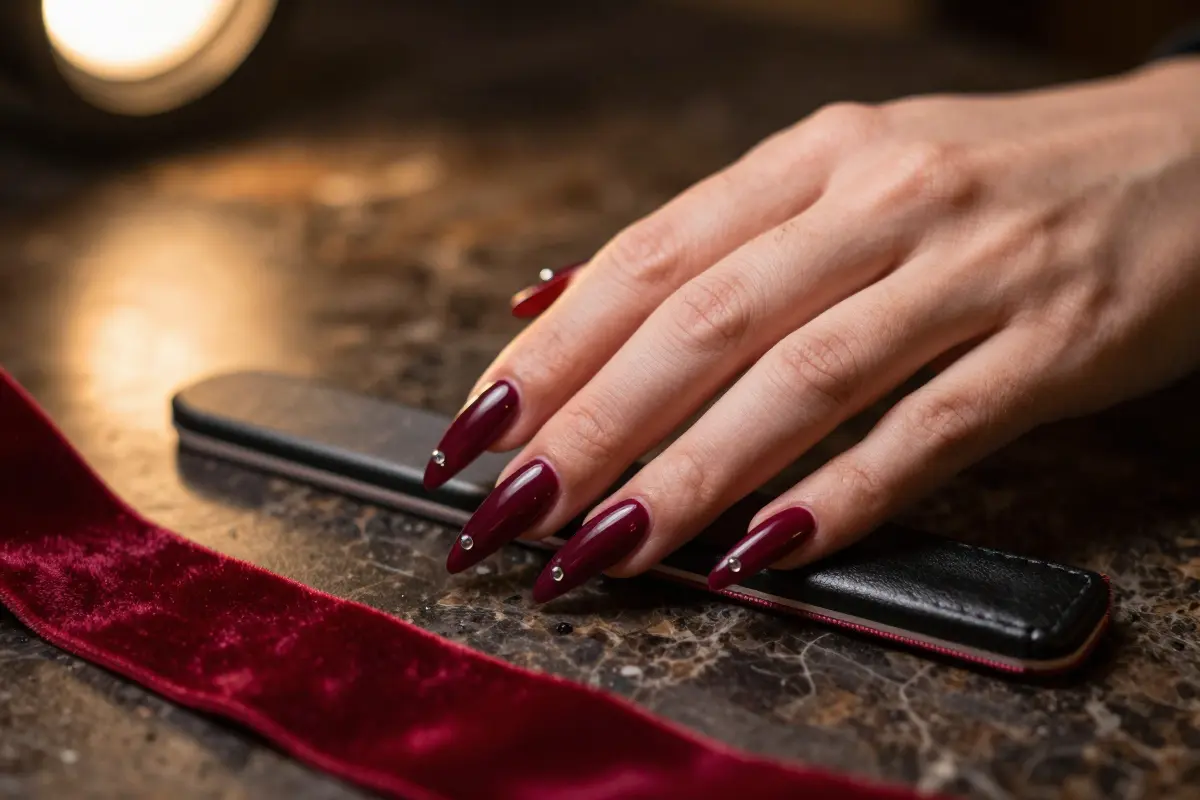 4. Deep Oxblood Stilettos with Functional Nail Piercings