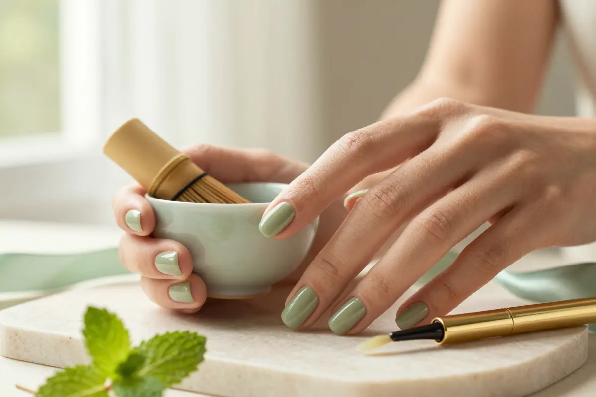 Matcha cream green nails in a muted earthy green