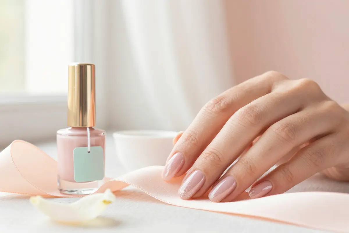Glazed oyster pink nails with a soft pearlescent chrome sheen over a nude base