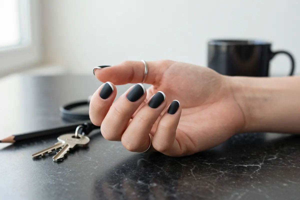 6. Matte Black with Glossy French Smile Lines