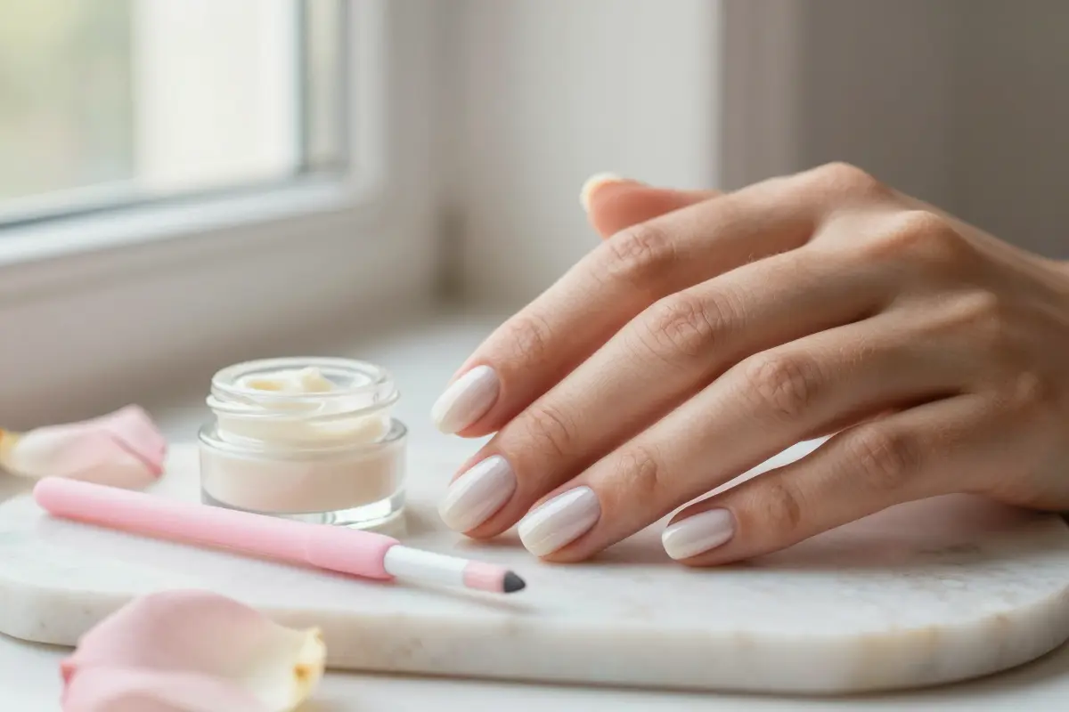 6. Natural Oval Milky Overlay with BIAB
